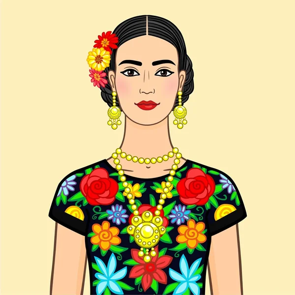 Portrait de la belle Mexicaine en vêtements nationaux. Isolé sur un fond beige . — Image vectorielle