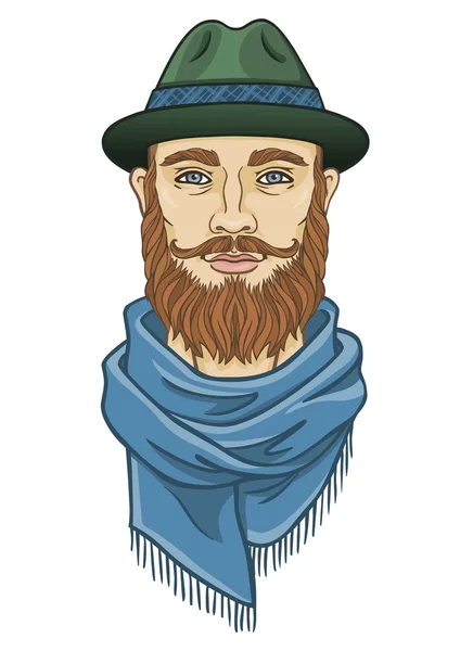 Animation portrait l'homme barbu dans une écharpe et un chapeau. Isolé sur fond blanc . — Image vectorielle