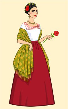 Bej renkli bir arka plan üzerinde izole elinde bir gül ile eski giysiler içinde güzel bir kadın