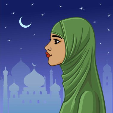 Bir hijab güzel Müslüman kadın geceliği şehir arka plan. Profil görünümü.