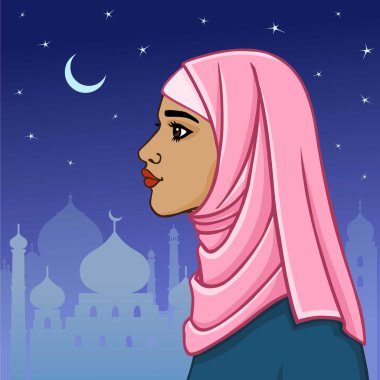 Bir hijab güzel Müslüman kadın geceliği şehir arka plan. Profil görünümü.