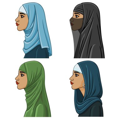 Set: farklı geleneksel başlıkları dört Arap kız. Izole.
