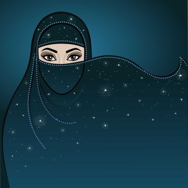 Bir burka Animasyon Arap kadın. Gece, yıldız gökyüzü. Metin için bir yer.