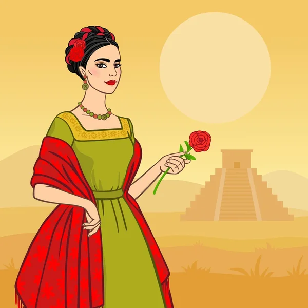 Beautiful Mexican woman against a pyramid Maya. — Stock Vector