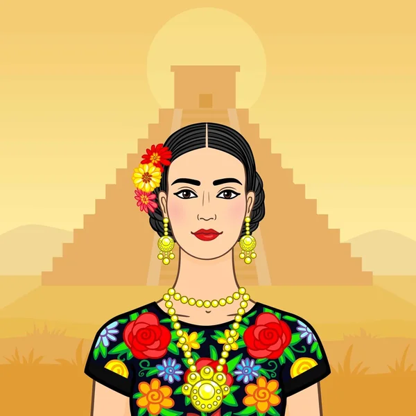 Mooie Mexicaanse vrouw in een nationale kleren. Een achtergrond - een piramide Maya. — Stockvector