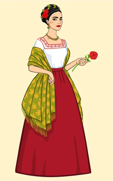 Mooie vrouw in antieke kleding met een roos in de hand, geïsoleerd op een beige achtergrond — Stockvector