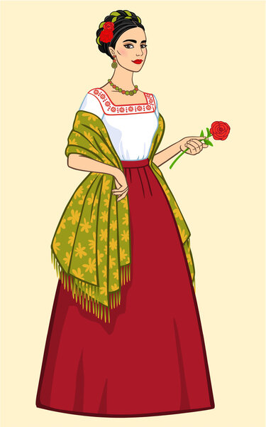 Beautiful woman in ancient clothes with a rose in the hand, isolated on a beige background