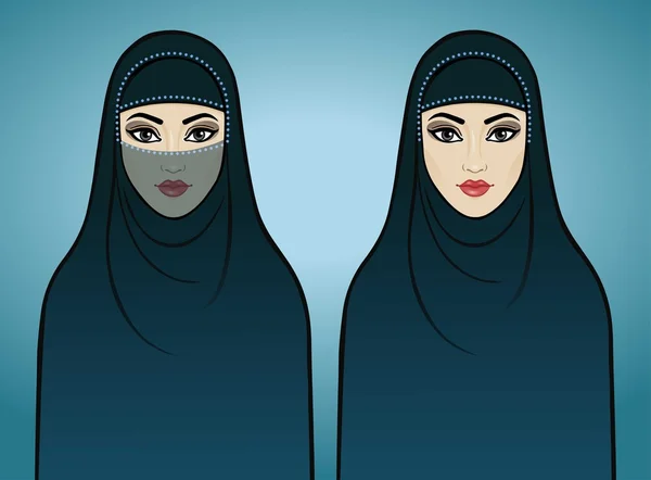 Geleneksel giysiler içinde iki animasyon Arap kız. Mavi bir arka plan üzerinde izole. — Stok Vektör