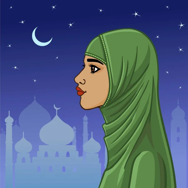 Mulher muçulmana bonita em um hijab em um fundo da cidade da noite. Vista do perfil . —  Vetores de Stock