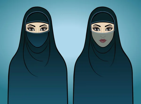 Zwei animierte arabische Mädchen in traditioneller Kleidung. isoliert auf blauem Hintergrund. — Stockvektor