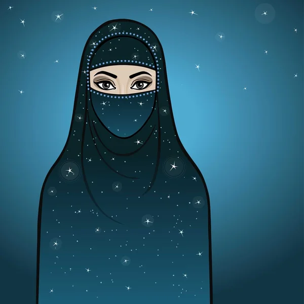 아랍의 밤. 베일에 있는 애니메이션 소녀. — 스톡 벡터