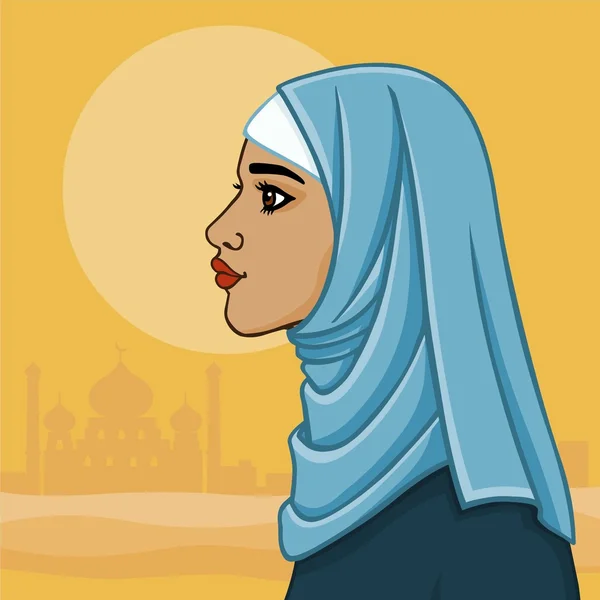 Hermosa mujer musulmana en un hiyab sobre un fondo desierto. Vista del perfil . — Vector de stock