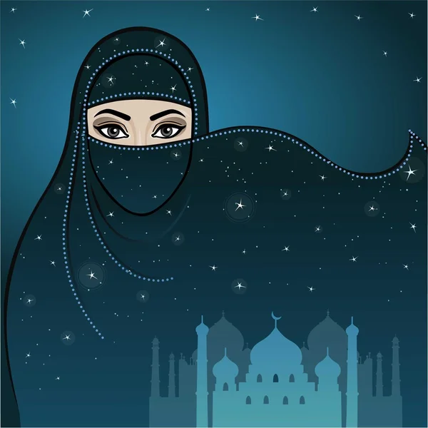 Animasi wanita Arab dalam burqa. Malam bintang langit di atas kota . - Stok Vektor