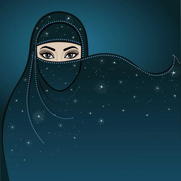 Animasi wanita Arab dalam burqa. Malam, bintang langit. Sebuah tempat untuk teks . - Stok Vektor