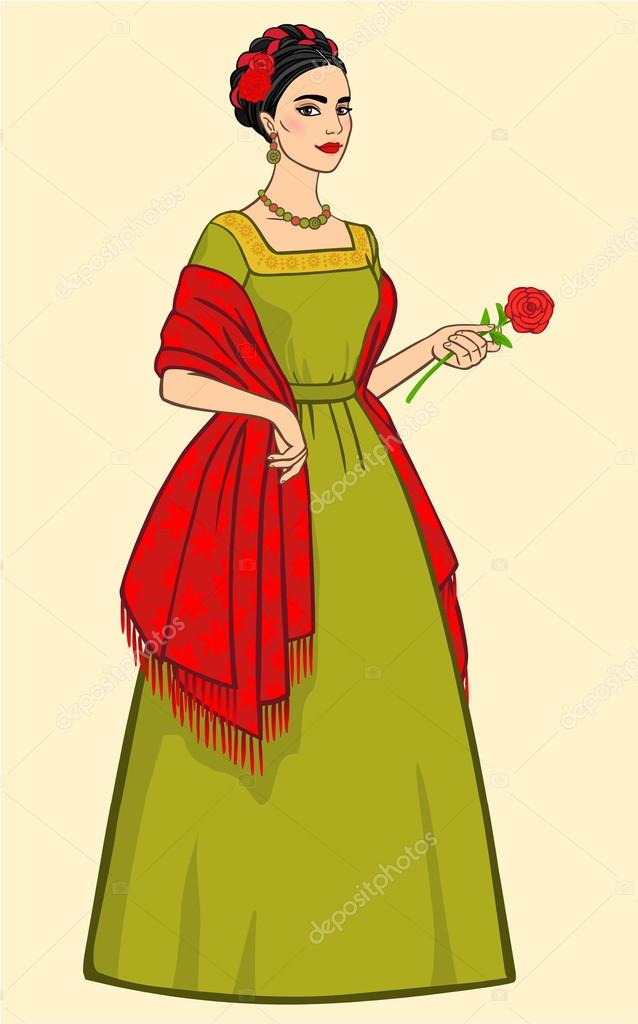 Beautiful Mexican woman in ancient clothes with a rose in the hand,  isolated on a beige background Stock Vector by ©Roomyana 105404198