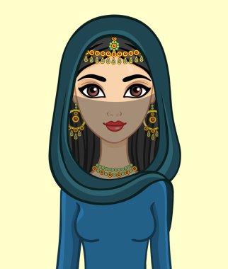Animation east girl in a burqa and gold jewelry isolated on a beige background. clipart