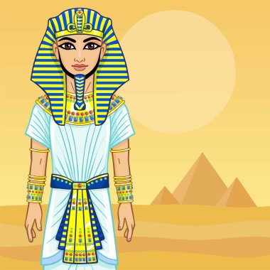 Animasyon Mısır Firavunu. Arka plan - çöl ve piramitler.