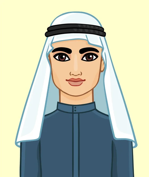 Portrait animé du jeune Arabe dans un keffiyeh traditionnel. Isolé . — Image vectorielle