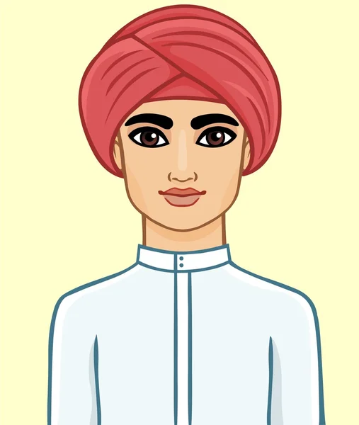 Portrait animé du jeune Arabe dans un turban traditionnel. Isolé . — Image vectorielle