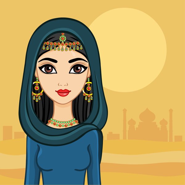 Arab princess against a tower in the desert.