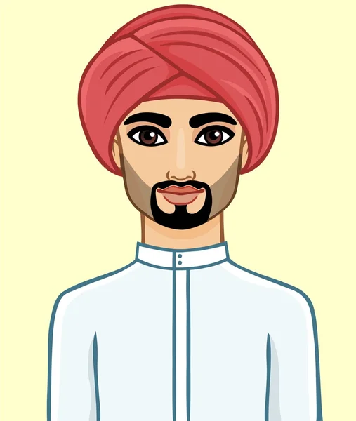 Retrato de animación del hombre árabe en un turbante tradicional. Aislado . — Archivo Imágenes Vectoriales