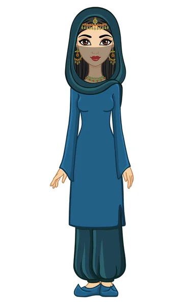 动画美丽的穆斯林女孩在头巾和宽裤子。孤立。全长矢量纵向. — 图库矢量图片
