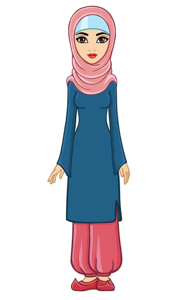 Animation beautiful Muslim girl in a hijab and wide trousers. Isolated. Full length vector portrait. — Stock Vector
