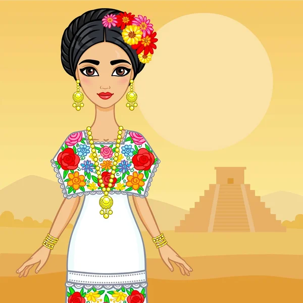 Animación chica mexicana en un vestido festivo. Pirámide de paisaje de fondo Maya . — Vector de stock