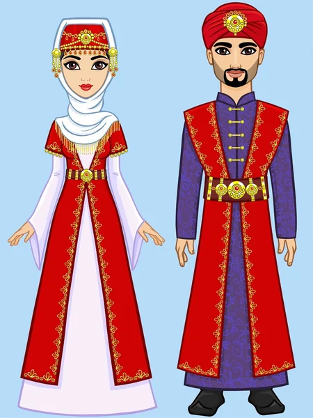 Κινούμενα σχέδια οικογένεια Αραβικά στην αρχαία ρούχα. Απομονώνονται σε μπλε φόντο. — Διανυσματικό Αρχείο