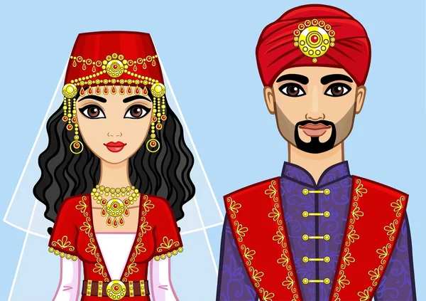 Portret van een animatie Arabische familie. Geïsoleerd op een blauwe achtergrond. — Stockvector