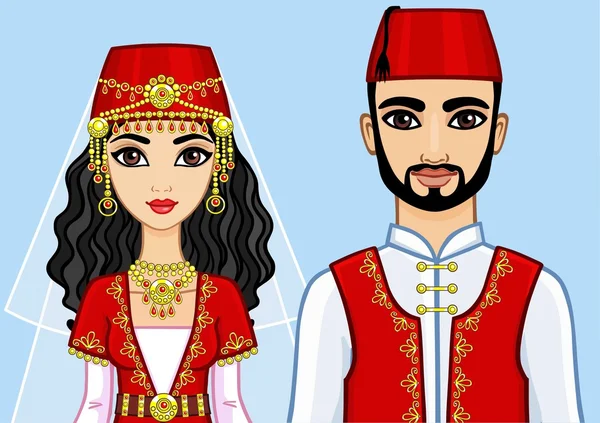 Bir animasyon Arap aile portresi. Mavi bir arka plan üzerinde izole.
