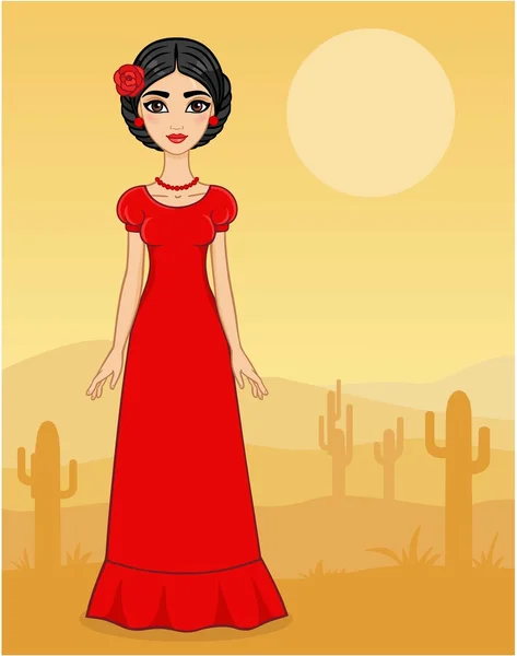 Chica mexicana en el desierto con cactus. Alto crecimiento . — Vector de stock