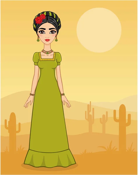 Mexicaans meisje in de woestijn met cactus. Hoge groei. — Stockvector