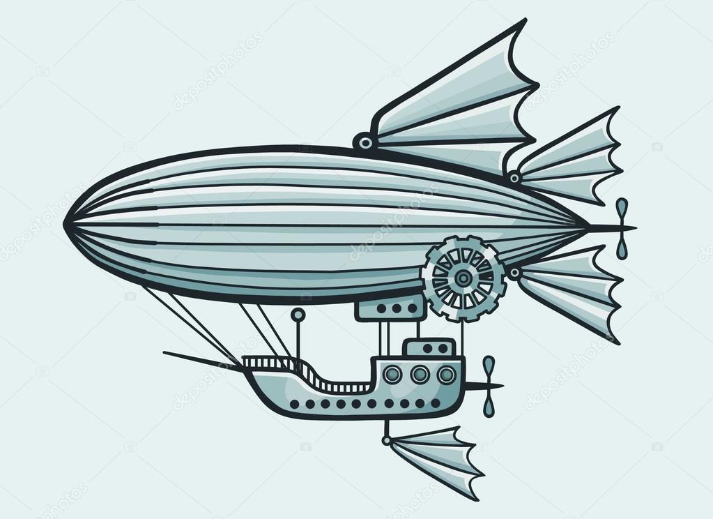 Fantastic airship. Isolated on a blue background.