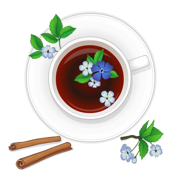 Cup of black herbal tea with cinnamon and flowers. Isolated on a white background. Top view. — Stock Vector