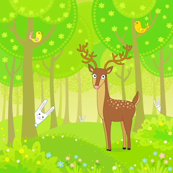 Cerf d'animation dans le bois joue à cache-cache avec des lapins — Image vectorielle