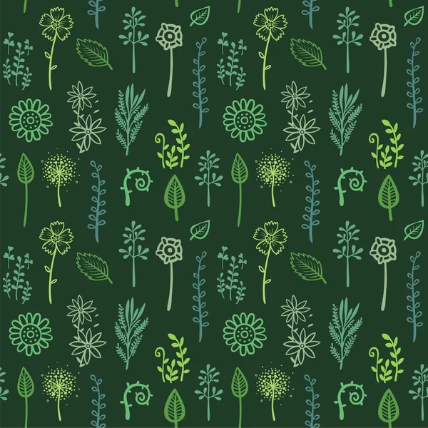 Naadloze donkere groene achtergrond met elementen van planten — Stockvector