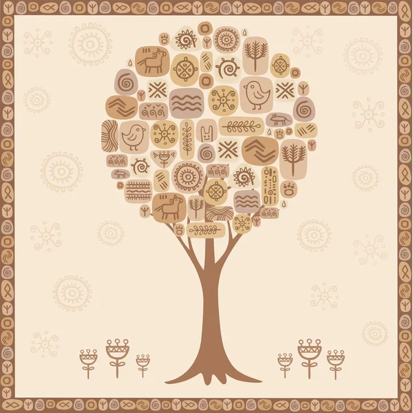 Ilustración vectorial: una tarjeta de estilo étnico. Un árbol de jeroglíficos. Onamento primitivo . — Vector de stock