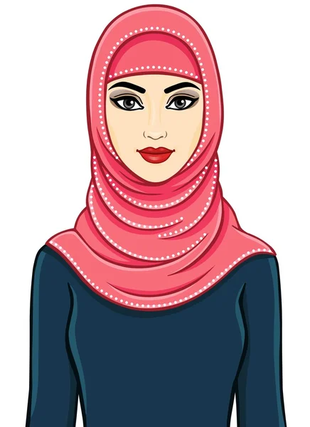 De mooie jonge vrouw in een roze hijab. De vectorillustratie geïsoleerd op een witte achtergrond. — Stockvector