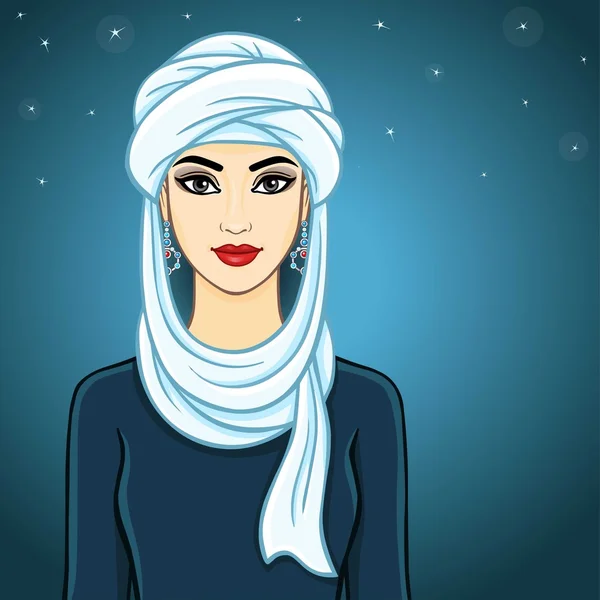 The young beautiful woman in a white turban. Background star sky. — Stock Vector