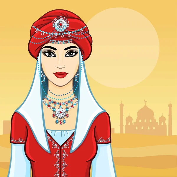 La joven hermosa mujer en un turbante rojo y joyas de plata. Fondo - el desierto, una silueta de mezquita . — Vector de stock