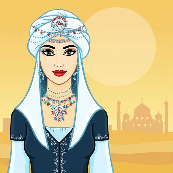 La joven hermosa mujer en un turbante blanco y joyas de plata. Fondo - el desierto, una silueta de mezquita . — Vector de stock
