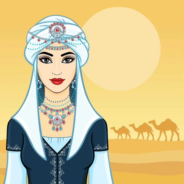 La joven hermosa mujer en un turbante blanco y joyas de plata. Fondo - el desierto, una caravana de camellos . — Vector de stock