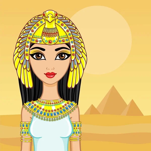 Retrato de animação da rainha egípcia. Um contexto - uma paisagem o deserto, pirâmides. O lugar para o texto . —  Vetores de Stock
