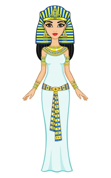 Animace egyptská princezna v zlaté šperky. Královna Kleopatra. Plné růst. Vektorové ilustrace izolované na bílém pozadí. — Stockový vektor