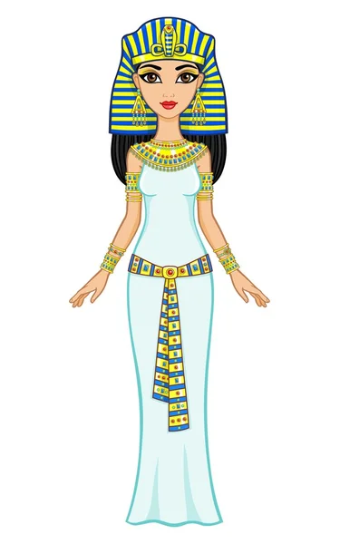 Animasi putri Mesir dalam perhiasan emas. Ratu Cleopatra. Pertumbuhan penuh. Ilustrasi vektor diisolasi pada latar belakang putih . - Stok Vektor