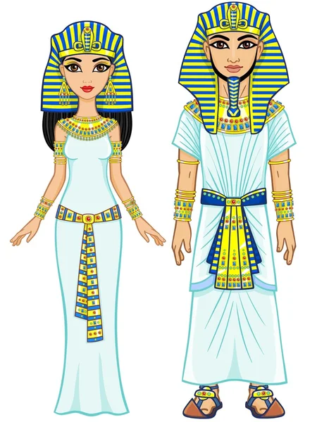 Animatie Egyptische keizerlijke familie in oude kleren. Volle groei. Geïsoleerd op een witte achtergrond. — Stockvector