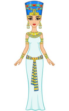 Altın takı animasyon Mısır Prenses. Kraliçe Nefertiti. Tam büyüme. Beyaz bir arka plan üzerinde izole vektör çizim.