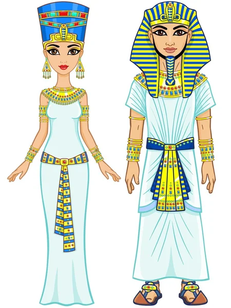Animación familia imperial egipcia en ropa antigua. Crecimiento total. Aislado sobre un fondo blanco . — Archivo Imágenes Vectoriales