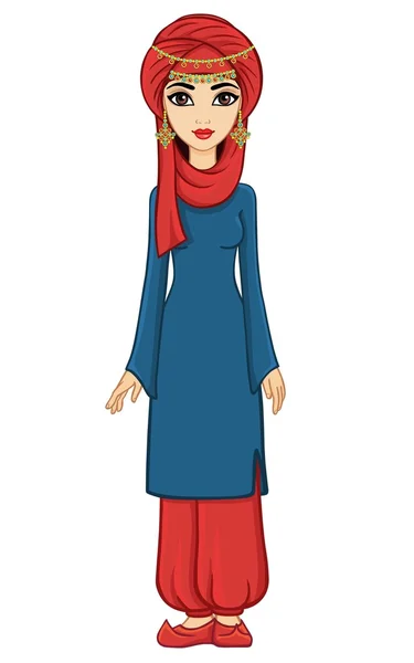 Animasi gadis muslim cantik dengan sorban dan celana panjang lebar. Terisolasi . - Stok Vektor